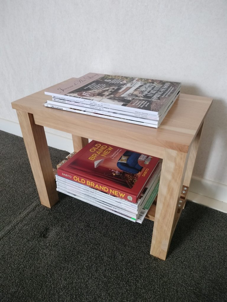 Macrocarpa Side Table with Tasman Blackwood Shelf and Metal Screw accents.